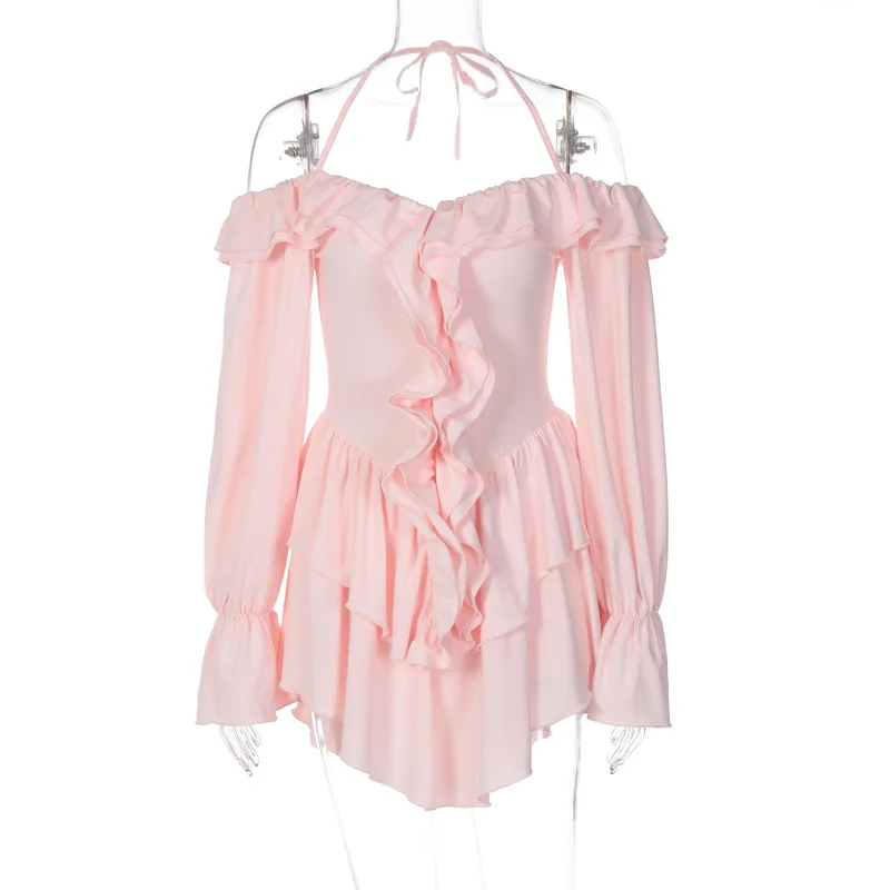 Woman Clothes Sexy Ruffles High Waist Rompers Short Jumpsuit 2025 Autumn Lace-up Off Shoulder Long Sleeve Pink Playsuit Clubwear