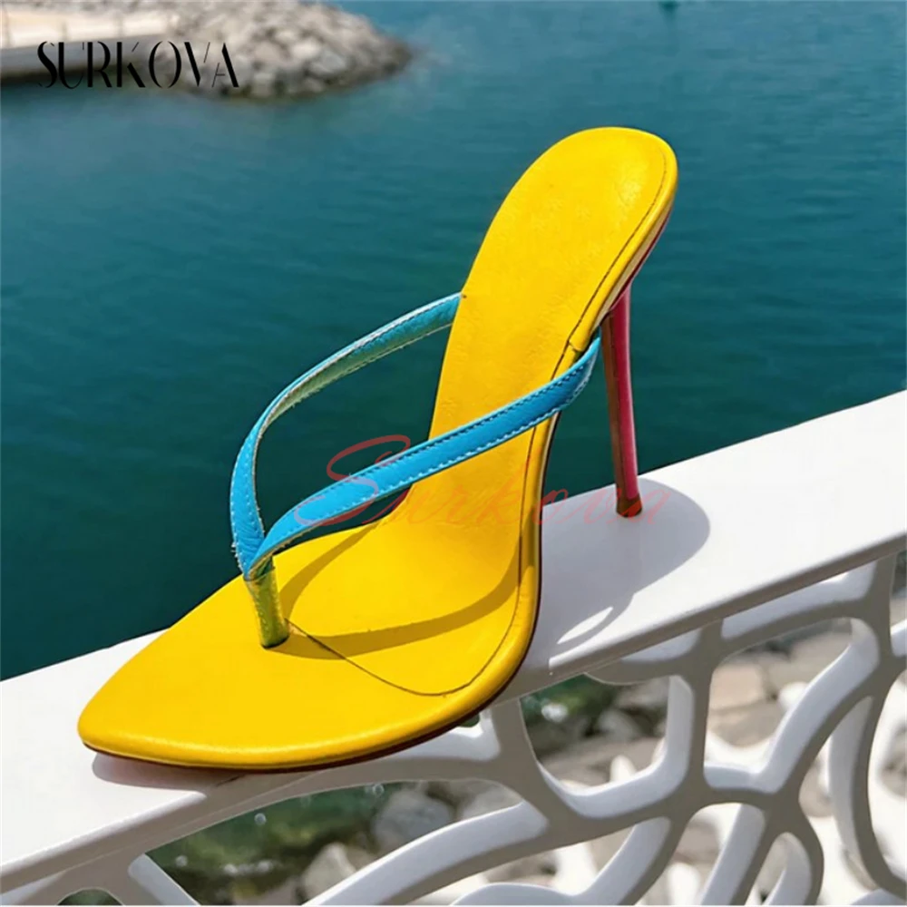 

Color Matching High Heel Flip Flops Summer Thong Stilettos Sandals Solid Color Open Toe Thin Heel Sandals Lady Fashion Slippers