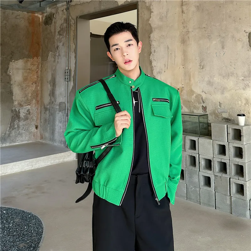 Fashion 2024 Early Spring New Men's Metal Zipper Jacket Pocket Stand Collar Slimming Jacket Long Sleeve Solid Color Coats