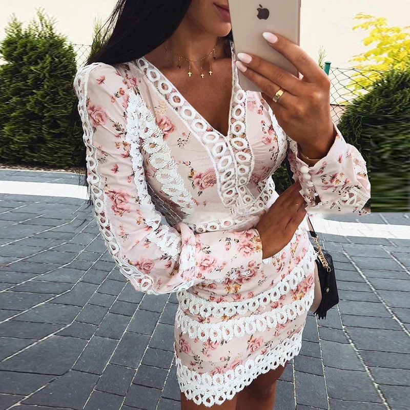 

Sexy V-neck Patchwork Embroidery Lace Dress Women Spring Floral Print Slim Bodycon Party Dress Fall Long Sleeve Boho Mini Dress