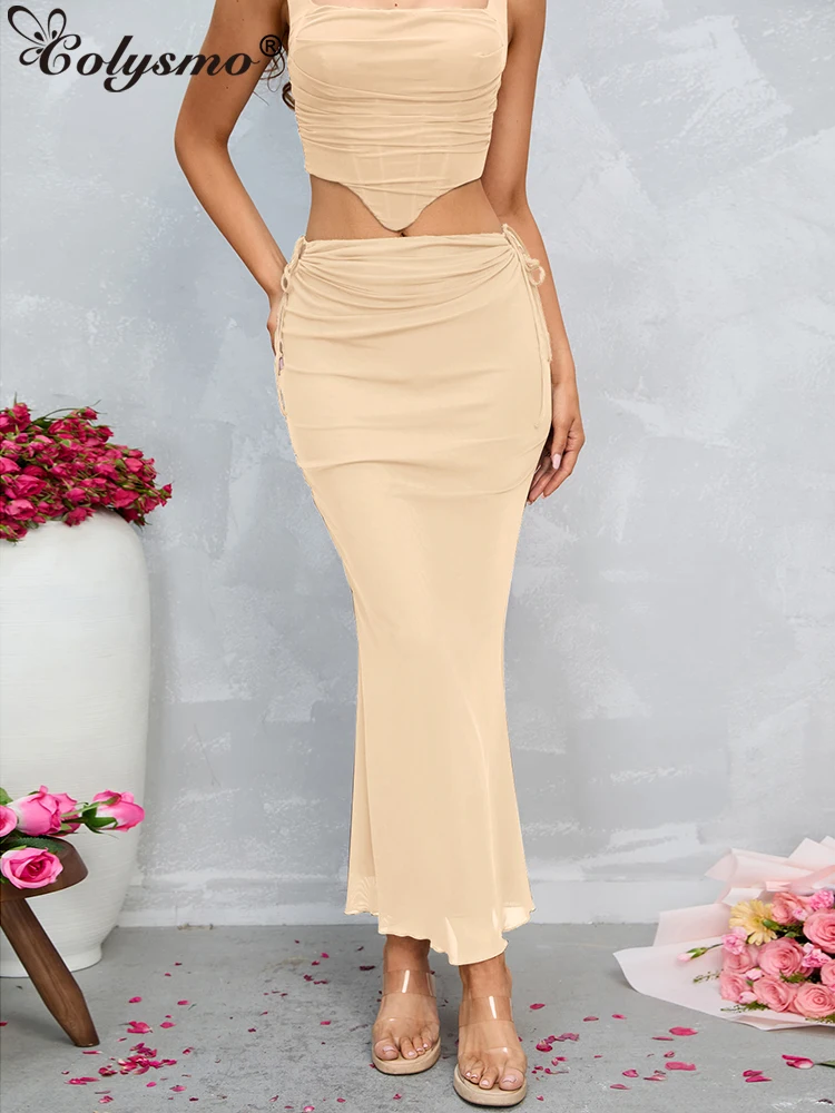 Colysmo Summer Solid Mesh Long Skirts Women Sexy Empire Hollow Out Bandage Skirt Casual Club Fashion Stretch Slim Mermaid Skirts women sexy bodysuit flare sleeve hollow out solid base shirt bodysuits v neck mesh women tops backless slim rompers