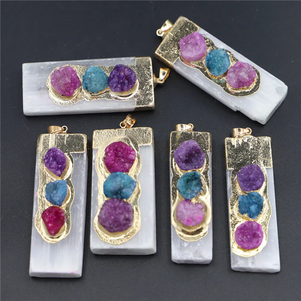 Natural Stone Rectangle Plaster Gypsum Ore Colorful Agate Pendants Making Plated Rectangle Gold Necklace Men Women Jewelry 6PCS