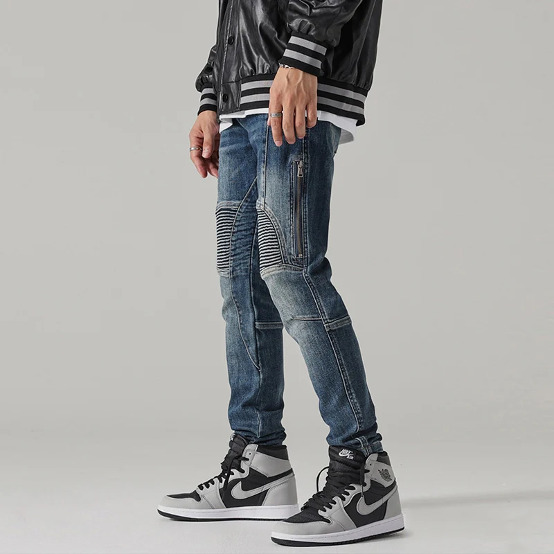 High Street Fashion Men Jeans Retro Blue Elastic Slim Fit Zipper Designer Spliced Biker Jeans Men Patched Hip Hop Pants Hombre