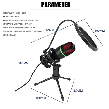 Professional Condenser Microphone Kit with Tripod Stand RGB Lighting Gaming USB Microphone for Streaming YouTube Podcasts Video Studio Recording PC Computer Laptop Mute Button Voice Changer 6