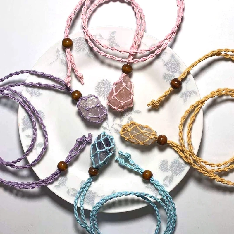 Retro Woven Natural Stone Pendant Necklace Net Pocket Hollow Handmade Jewelry Men and Women the Same Style Without Gems 2