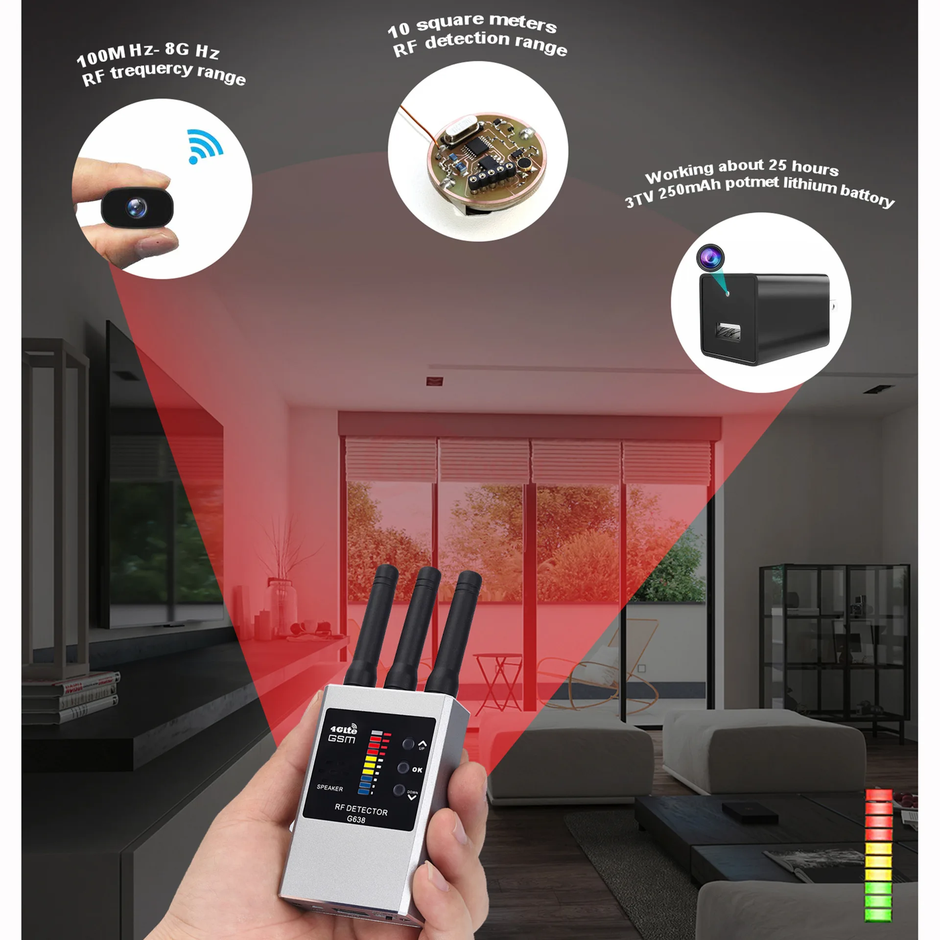 Hidden Camera Detector Infrared Camera Detector Camera Detector Signal Detector GSM RF Bug Detector Wifi Hidden Camera Finder Anti-Spy Listen Sweeper Phone Signal Wireless Listening Device GPS Tracker Detect