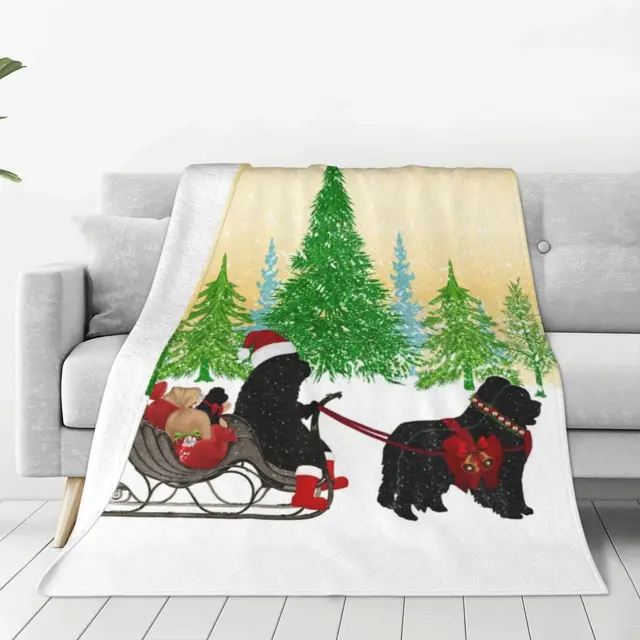 Christmas Tree Flannel Blanket Newfoundland Dog Snow Warm Bedding Throws for Living Room Travel Bedspread Sofa Bed Cover