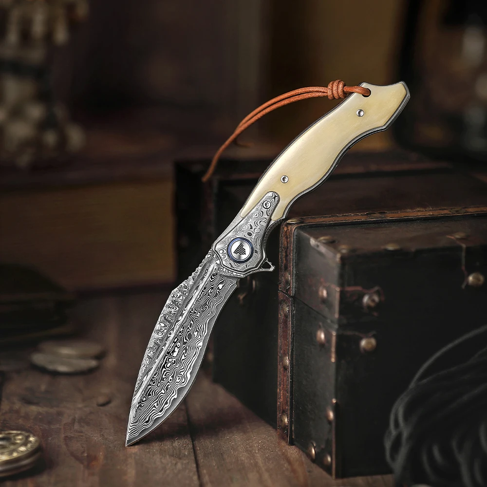 TRIVISA Damascus Folding Pocket Knife for Men, EDC Flipper Knife，Handmade OX Bone Handle，Camping Good knife，Collection & Gifts 5