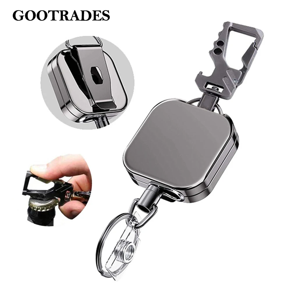 벨트 로프 랜야드 클립 키체인 이름 태그 홀더 키링 ID 카드 코드 릴 리트랙트 풀 키체인, 배지 병따개 