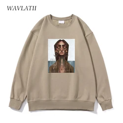 WAVLATII Women Casual White Sweatshirts Female Khaki Soft Oversized Cool Printed Hoodie Unisex O-neck Long Sleeve Tops WH2225