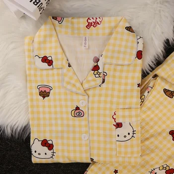 طقم بيجامة مطبوع من Hello Kitty للسيدات بأكمام طويلة ملابس نوم منقوشة ملابس منزلية لطيفة وناعمة ومريحة ملابس مريحة للخريف والشتاء 2