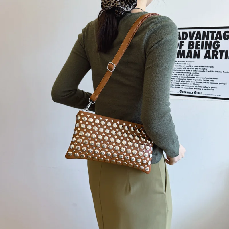 Crossbody Bag for Women With Adjustable Guitar Strap Shoulder Bag PU Leather Rivet Studded Satchel Purse for Work Travel