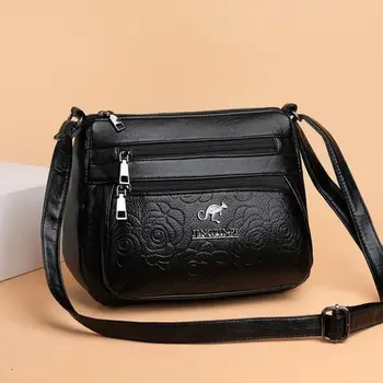 Leisure PU Leather Buying Vegetable Bag Large Capacity Multi-layer Shoulder Messenger Bag Black Crossbody Bag Woman 1