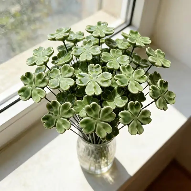 Four-Leaf Clover Eternal Ceramic Flowers - Symbol of Luck, Hope, Faith & Love Home Decor