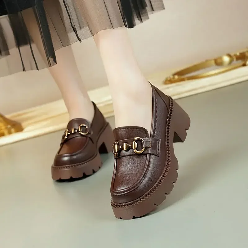 2025 Spring Women Leather Shoes British Style Soft Leather Versatile Thick Bottom Loafers Female Slip-on Round Toe Single Shoes 2