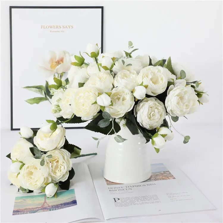 Artificial Flowers 30cm Rose White Peony Bouquet 5 Big Head and 4 Bud for Home Wedding Decoration Indoor