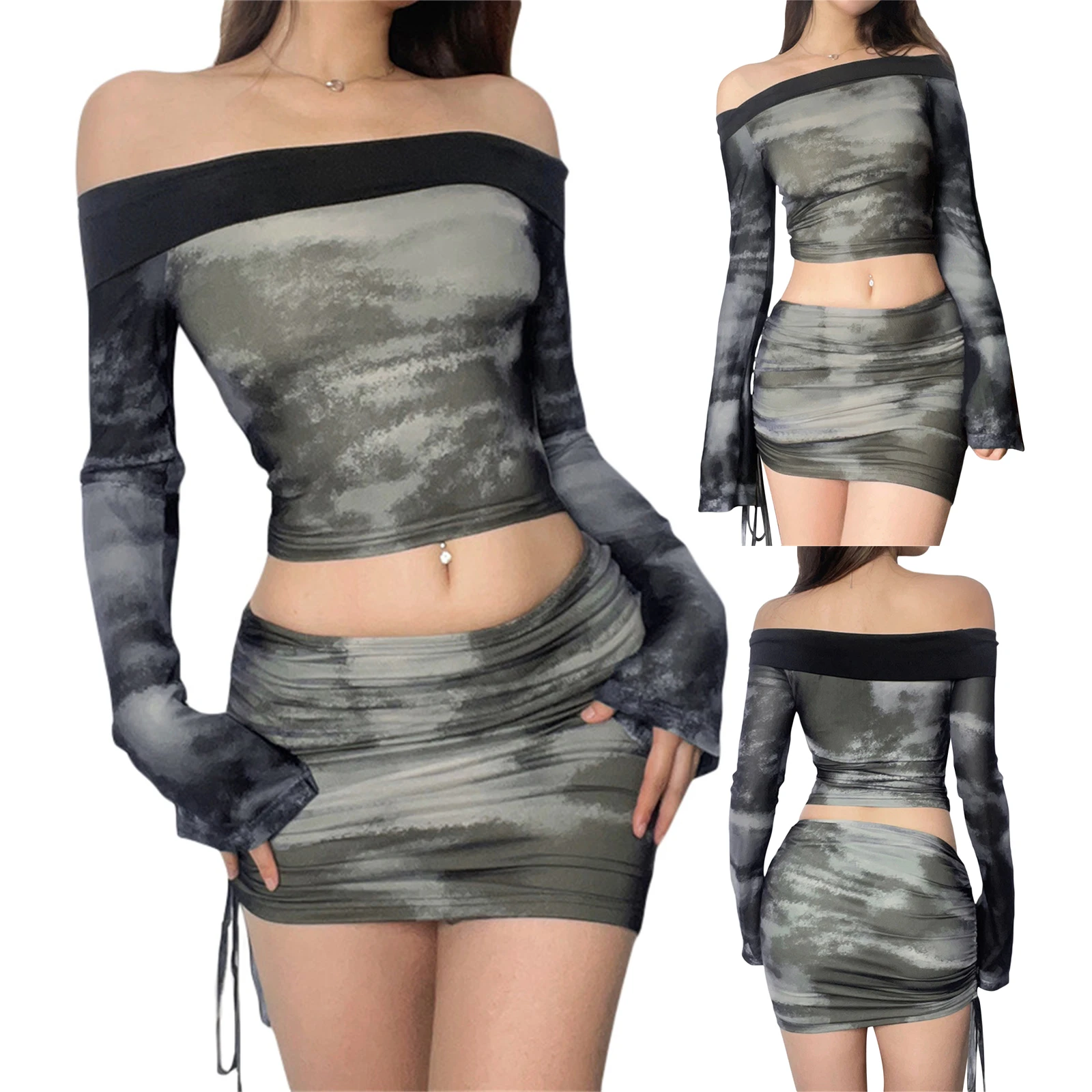 

Women Summer 2pcs Outfit Tie-dye Print Long Sleeve Off-shoulder Tops and Casual Drawstring Ruched Mini A-line Skirt Set