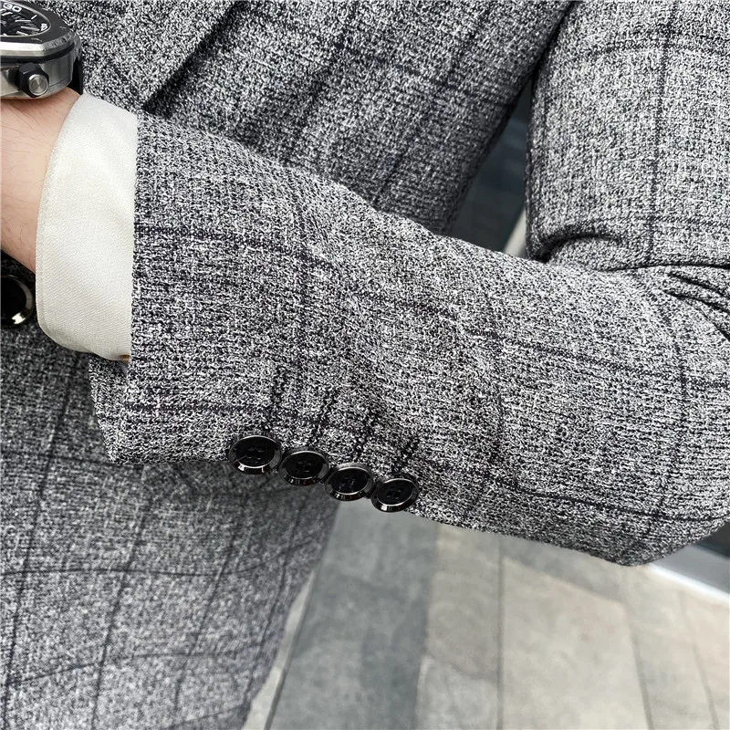Striped Plaid 3-Piece Suit Set Fashion Business Handsome Wedding Groom Dress British Style with Vest & Trousers