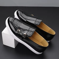 New Solid-Color Men's Casual Loafers For Autumn And Winter  Fashionable Crocodile Pattern Double-Breasted Comfortable Flat Shoes