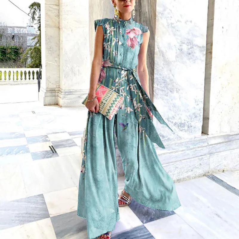 Summer Fashion Stand Collar Chiffon Button Printed Lace-up Wide-leg Pants Jumpsuit Elegant Slim Sleeveless Loose Party Jumpsuits