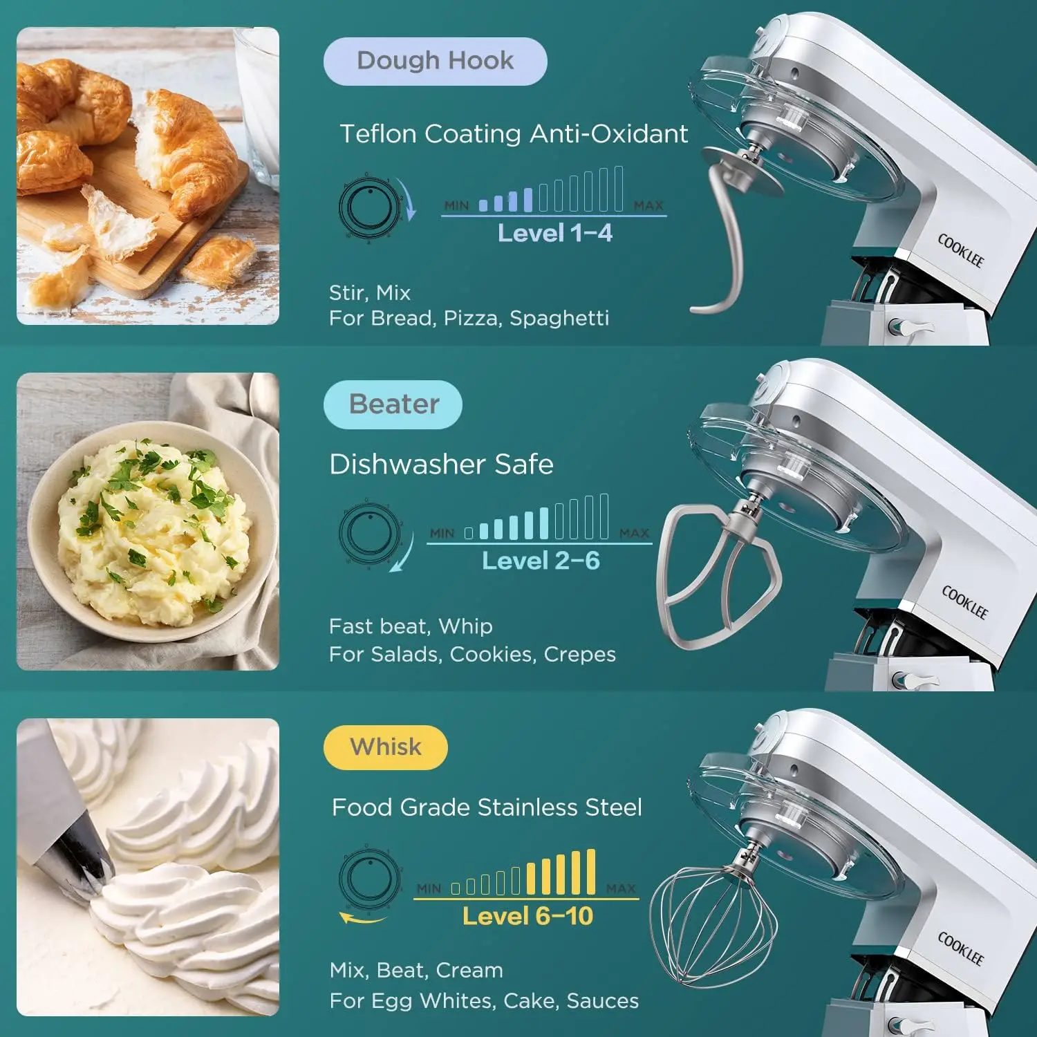 Mixer, 8.5 Qt. Multifunctional Electric Kitchen Mixer with Beater, Whisk, Dough Hook, Meat Grinder and Other Accessories for Mos 3