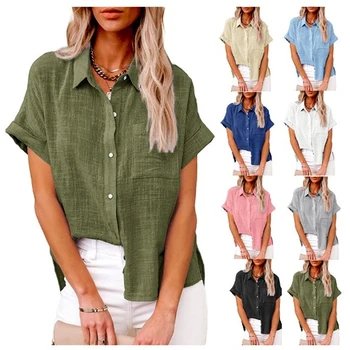 Women Pure Color Linen Shirt Short Sleeve Casual Loose Fit Blouse Fresh Sweet Style Polyester Fabric Available In Multiple Sizes 1