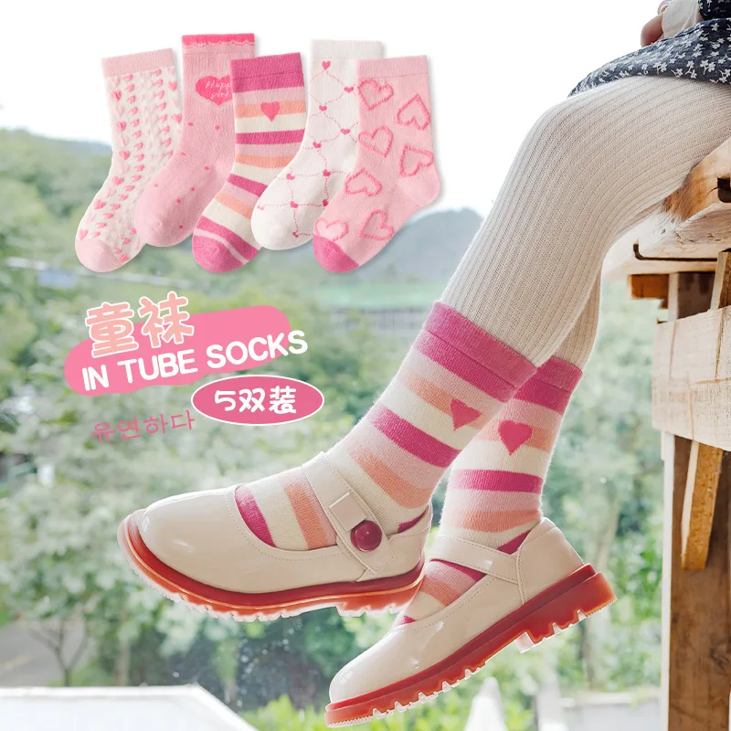 Little Girls Socks Spring Autumn Winter Cotton Socks Baby 1-12T Children's Calf Socks Girl Cartoon Love Pattern 5 Pairs Socks 3