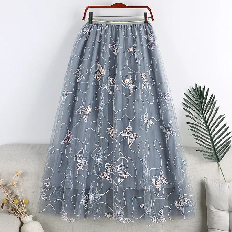 

Vintage Embroidered Butterfly Sequin Tulle Skirt Women Elastic High Waist Mesh Skirts Long Pleated Tutu Skirt Female Longue