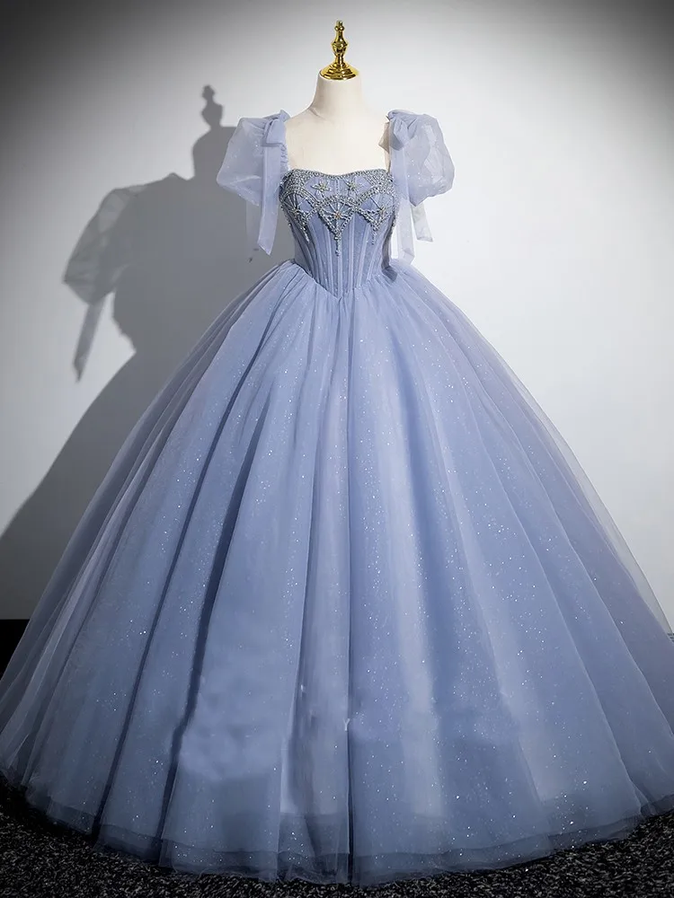 Blue Quinceanera Dresses Short Sleeve Beading Banquet Dress Prom Ball Gown Vestidos De 15 Quincea&ntilde;era Customized