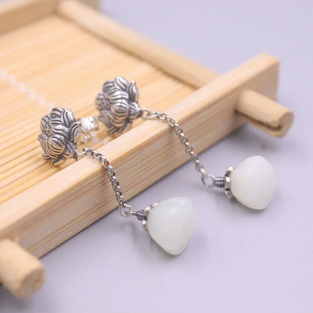 

Solid 925 Sterling Silver With White Jade Lotus Flower Dangle Earrings 1.77"Long