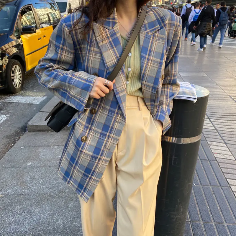 Vintage Loose Women Jacket Plaid Blazer Autumn Chic Double Breasted Female Long Suit Jackets Stylish Ladies Blazer