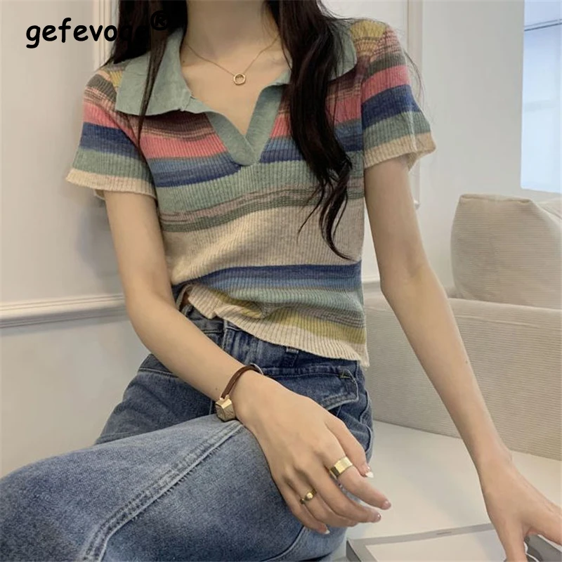 

Women Summer Retro Striped Contrast Color Polo Collar Slim Chic Knitwears Trendy Short Sleeve Pullover Knit Tops Female Y2K Ropa