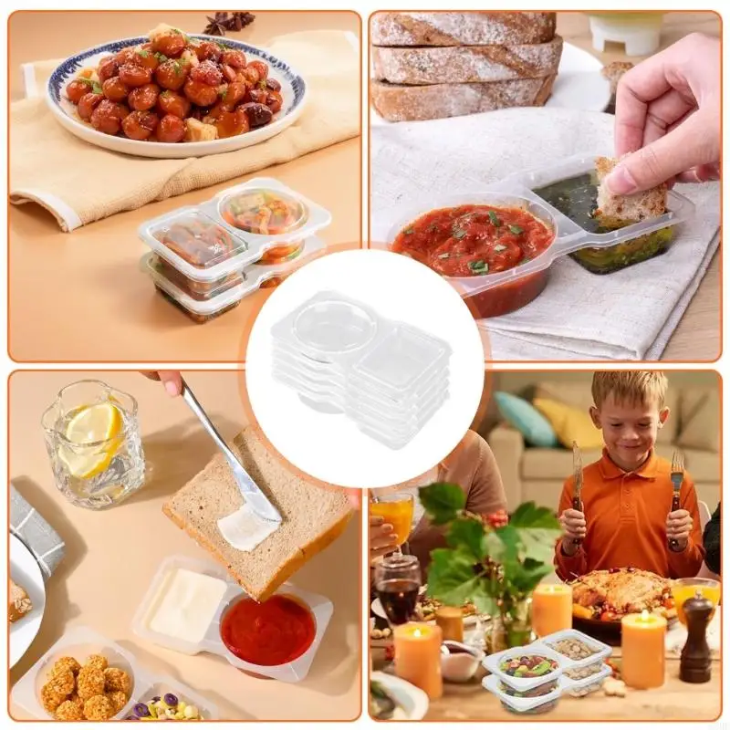 Double Compartment Condiment Container Snacks Storage Organizers for Travel Transparent Sauces Dressings Holders 6XDE
