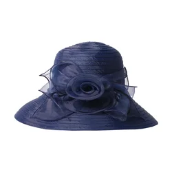 Elegant Navy Blue Wide Brim Derby Hat with Floral Fascinator - 56 to 58cm (Navy Blue)
