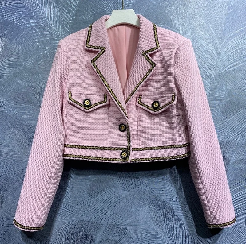 

High Quality Jacket 2023 Spring Autumn Coats Women Turn-down Collar Pocket Patchwork Long Sleeve Causal Yellow Pink Tops Coat
