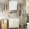 Wall Cabinet with 2 Hanging Rods, 67'' Wide Laundry Wall Cabinet with 2 Doors, Open Rack & Adjustable Inner Shelf 1