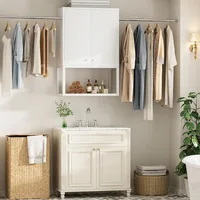 Wall Cabinet with 2 Hanging Rods, 67'' Wide Laundry Wall Cabinet with 2 Doors, Open Rack & Adjustable Inner Shelf 1