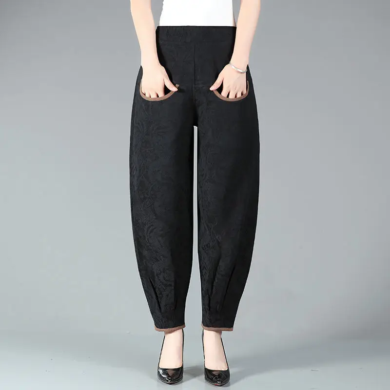 2023 New Spring and Summer Fashion Ethnic Style Embroidered High Waist Oversize Relaxed Radish Pants for the Middle and Elderly