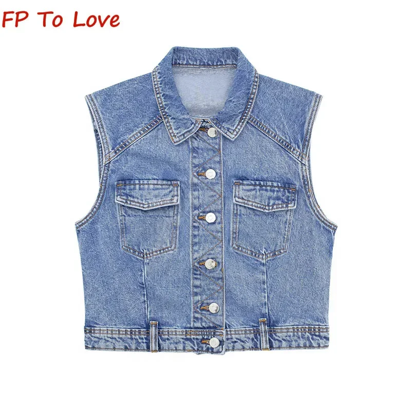 

Женский винтажный джинсовый жилет PB & ZA, голубой однобортный облегающий короткий топ с отложным воротником, весна 2024