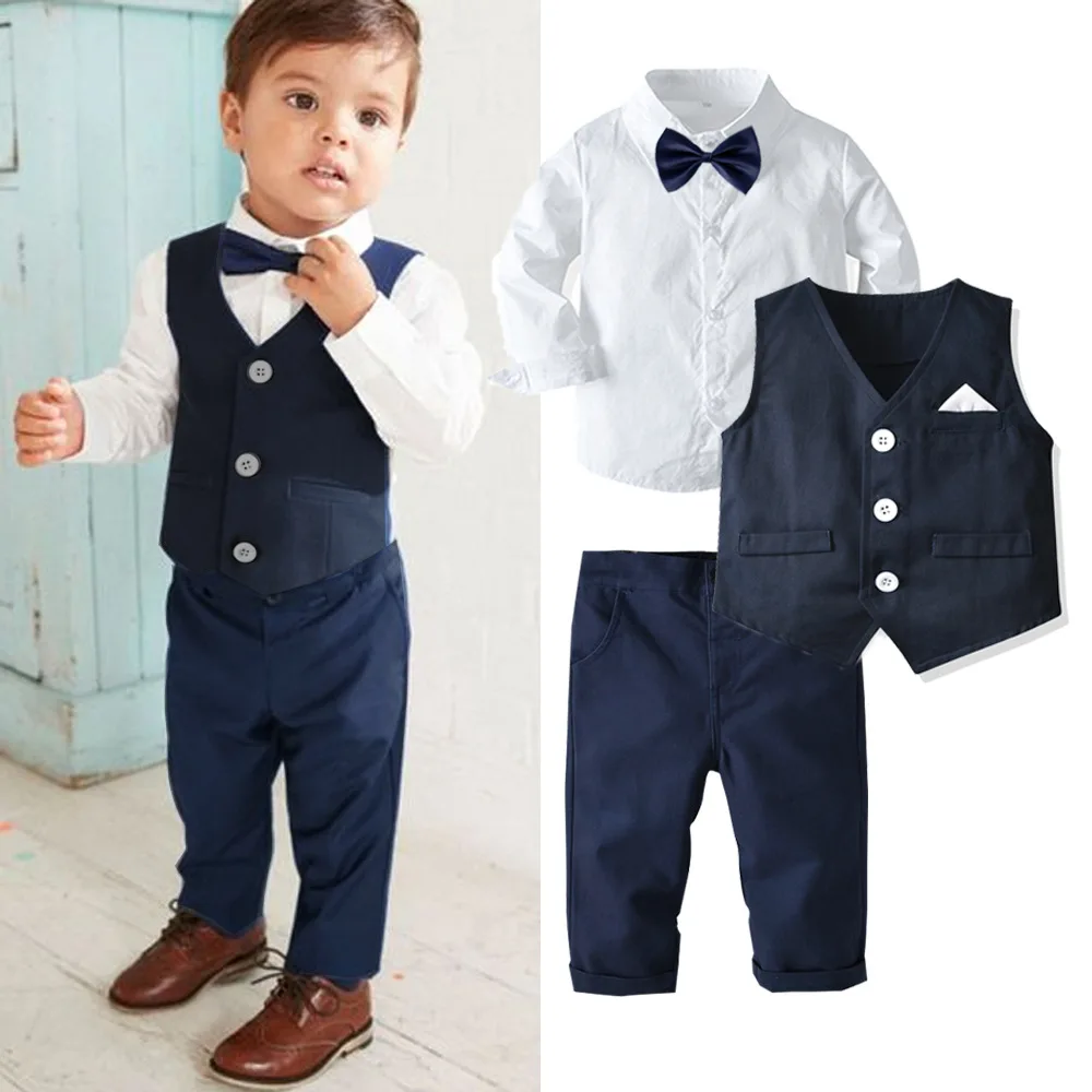 

Boy Formal Outfits Cotton Kid Clothes Set Toddler Long-sleeved Shirt with Bow Tie + Vest + Trouser Suit Boys Party Birthday Wear