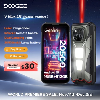DOOGEE V Max LR 5G Telefono robusto Telemetro laser Doppie luci da campeggio Gemini AI 6.78 ''20500mAh Batteria 130dB Altoparlante Telefono cellulare