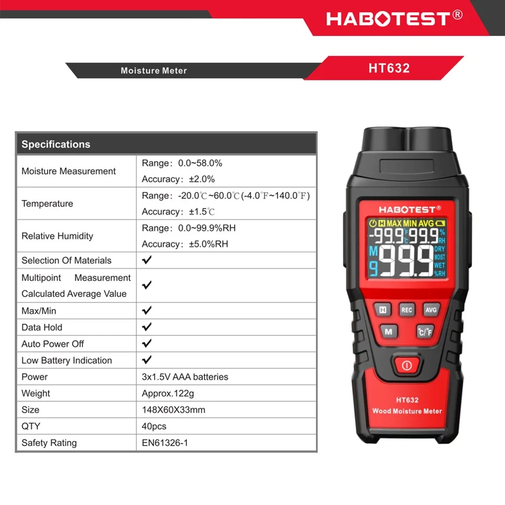 1pc HABOTEST HT632 Digital Moisture Meter Cement Wood Gypsum Material Humidity Detector Timber Gauge Temperature Hygrometer