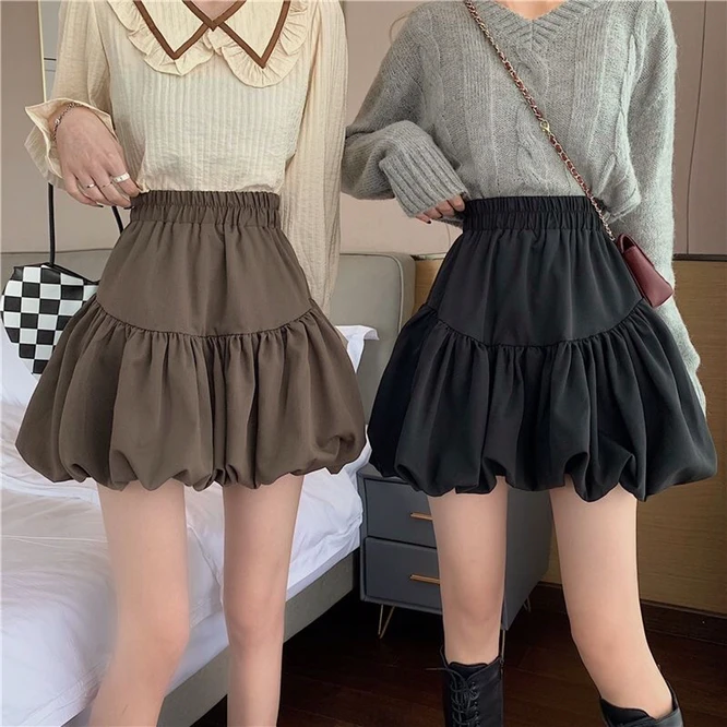 2021 Spring Autumn Design Bubble Bud Cloud Puffy Short Skirt Girl High Waist A-shaped Short Skirt Female Black summer skirts