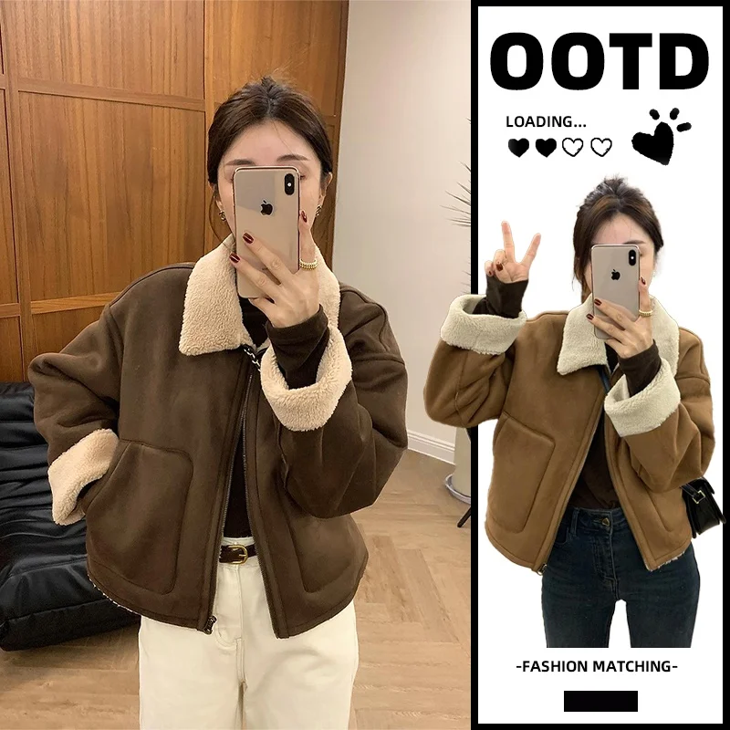 신상아우터 한국 스타일 복고풍 모피 통합 겉옷 여성 겨울 2023 새로운 두꺼운 체인 플립 카디건 풀 칼라 느슨한 탑