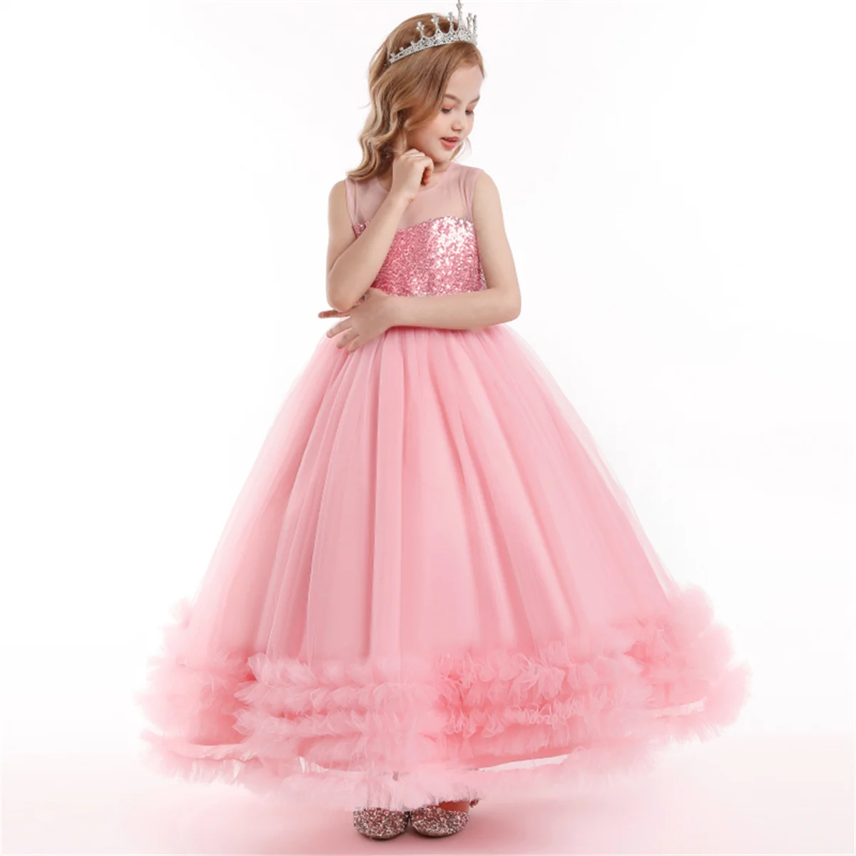 Elegant Pink Lace Mesh Flower Girl Dress - Princess Style Party & Wedding Attire