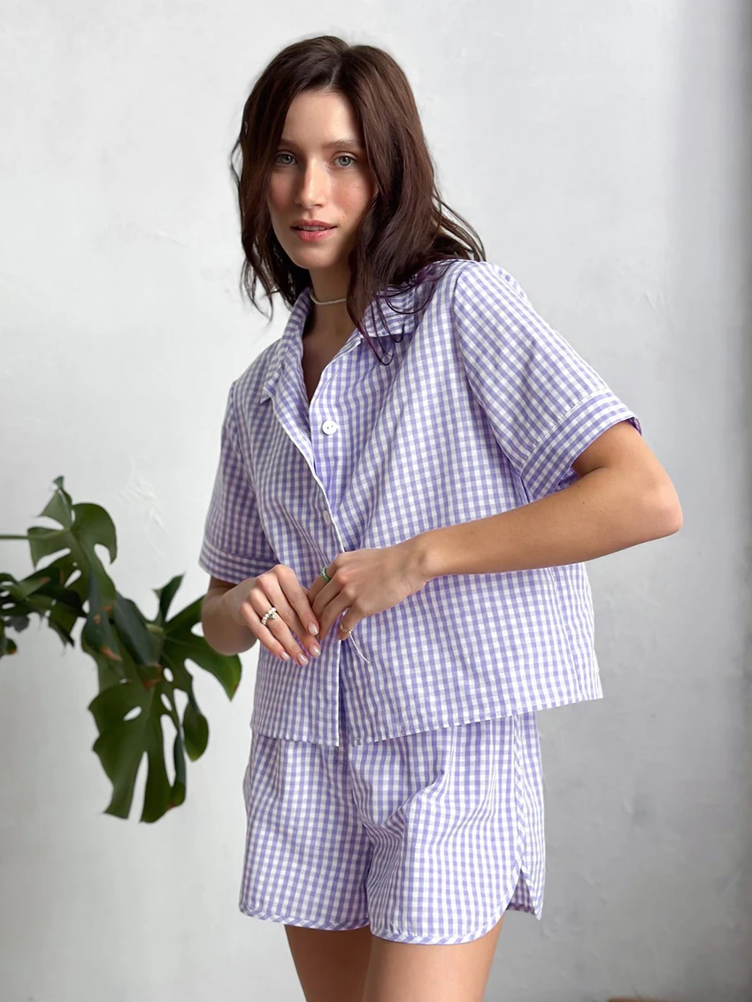 Marthaqiqi Striped Women Nightwear 2 Piece Set Turn-Down Collar Pajamas Half Sleeve Sleepwear Shorts Casual Female Home Clothes