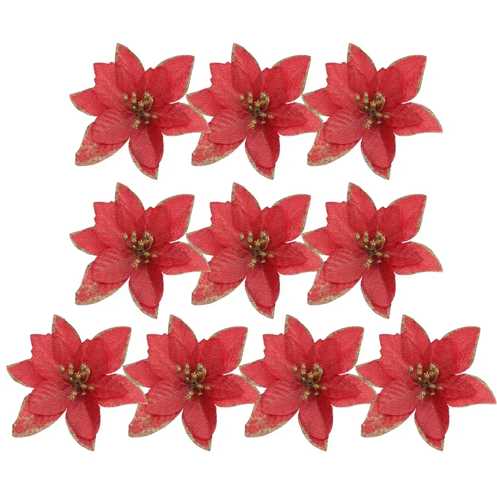 thumbnail image 1 of 50/10 piezas de flores artificiales de Navidad con purpurina dorada y roja, guirnalda de flores falsas para árbol de Navidad, adornos para fiesta de Año Nuevo, decoración del hogar, 1 of 5