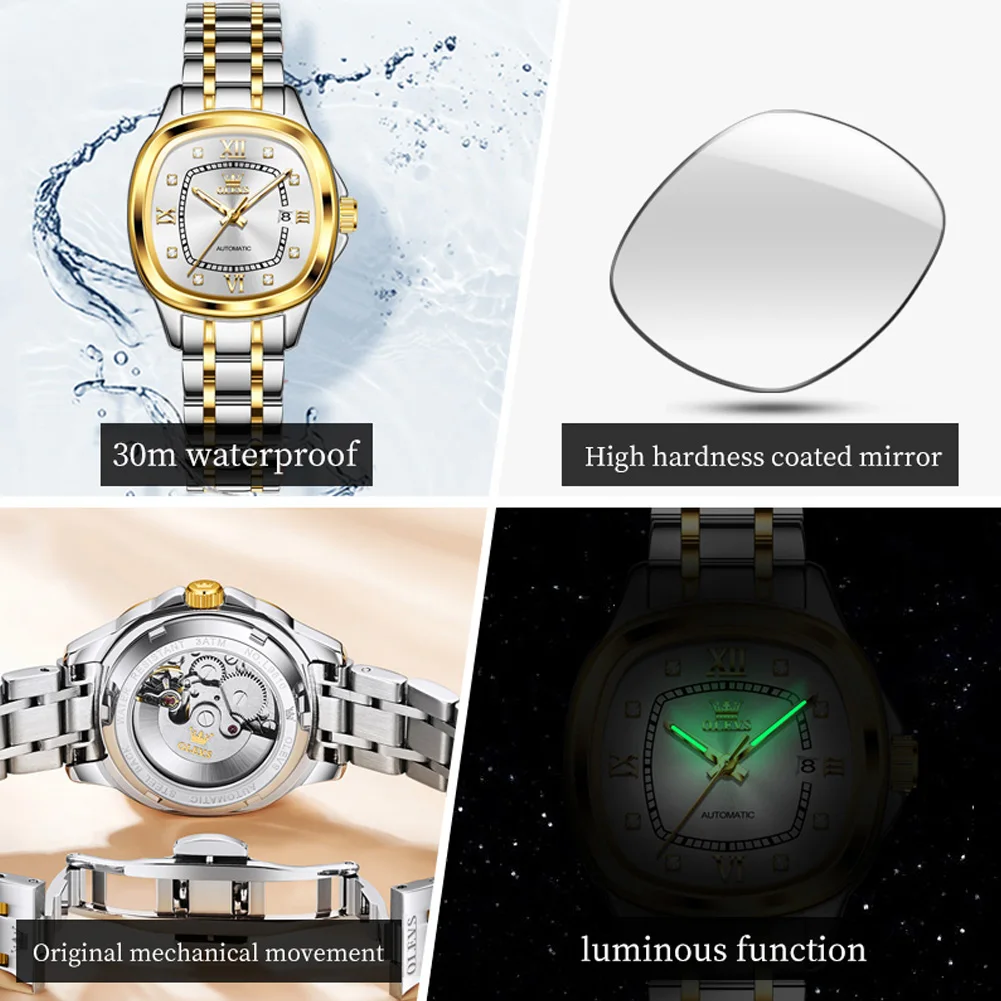 OLEVS 9810 Woman Automatic Watch Fashion Diamond Scale Mechanical Watch For Women Top Brand Waterproof Date Ladies Wristwatch