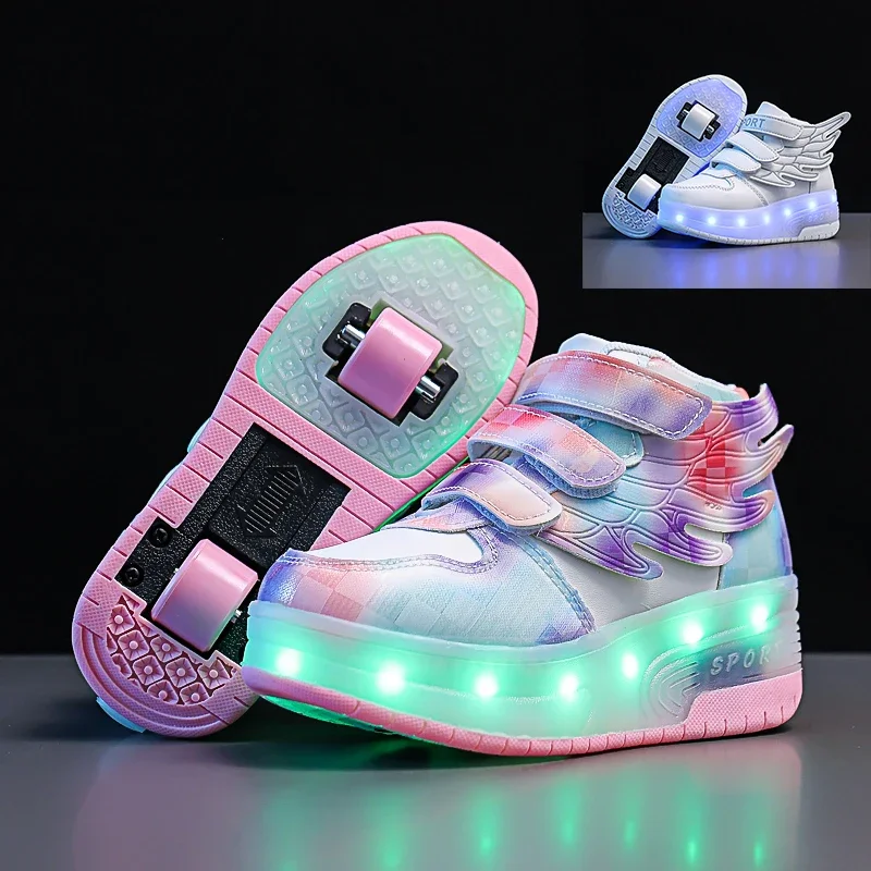 Children Roller Skate Casual Sport Shoes Girls Boys LED Charging Luminous Wings Shoes USB Colorful Light Two Wheels roller skates