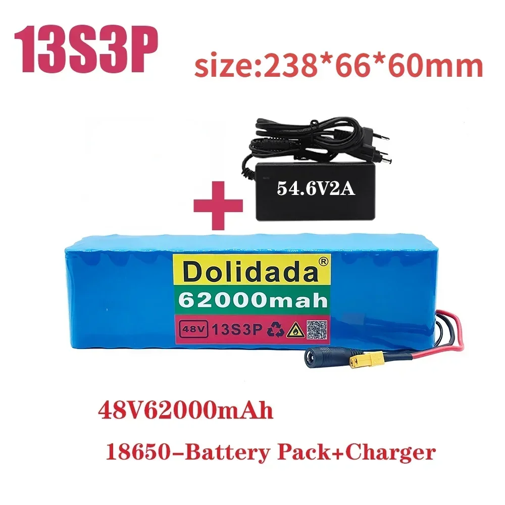 

48V62Ah XT60 Plug 1000W 13S3P 48V Lithium Ion Battery for 54.6V E-Bike Electric Bicycle Scooter with BMS + 54.6V Charger